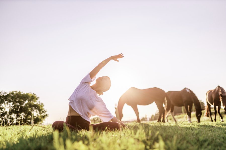 Am Foto sieht man Julia Wakonig-Wagner beim Yoga auf einer Wiese mit Pferden